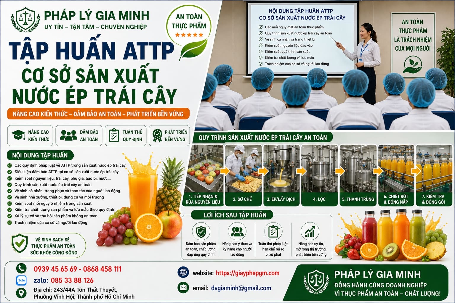 Tập huấn ATTP cơ sở sản xuất nước ép trái cây kiểm soát sạch từ sơ chế đến đóng chai